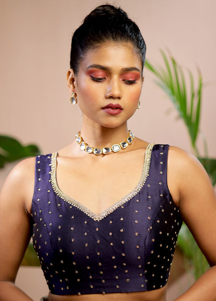 Navy Blue Blended Silk Designer Blouse