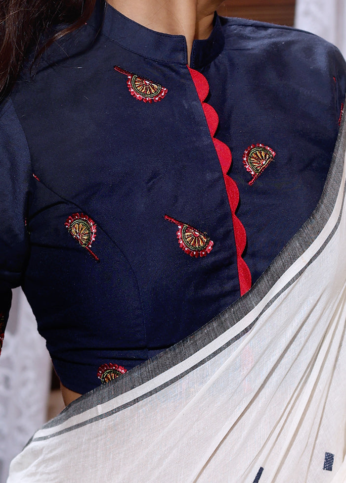 Navy Blue Collar Neck Designer Blouse