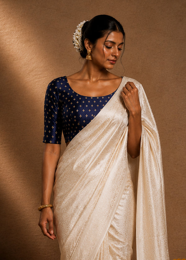 Navy Blue Round Neck Designer Blouse