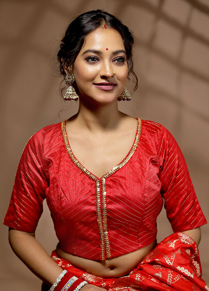 Red Dupion Silk Designer Blouse - Indian Silk House Agencies
