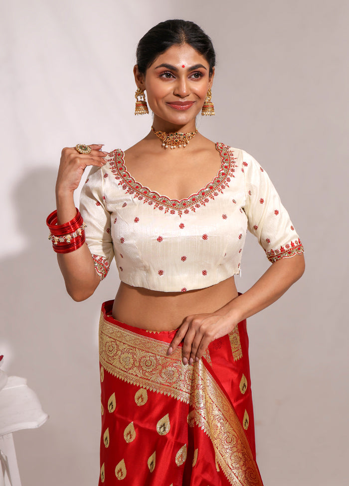 Cream  Round Neck Designer Blouse