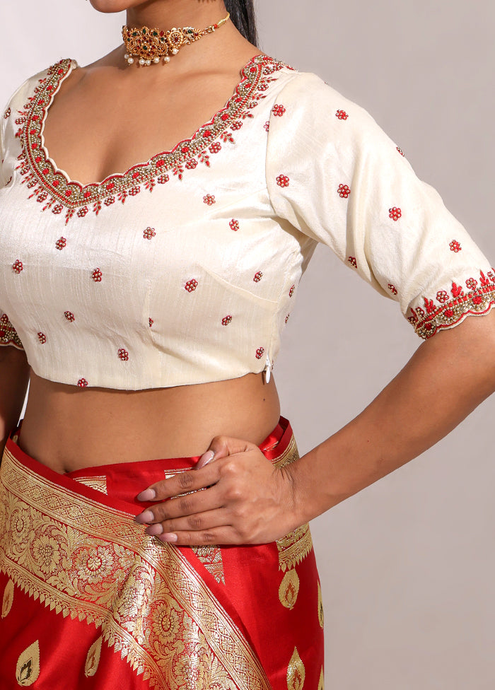 Cream  Round Neck Designer Blouse