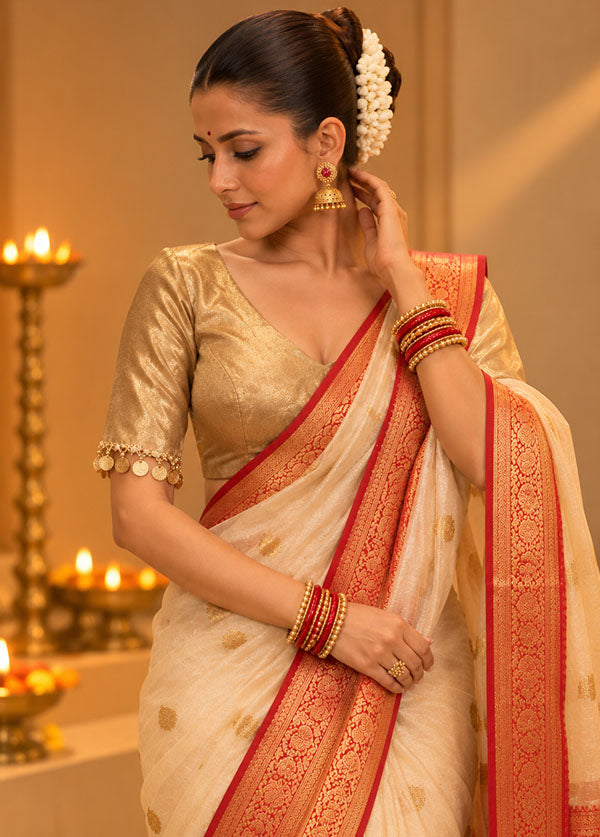 Gold V Neck Designer Blouse
