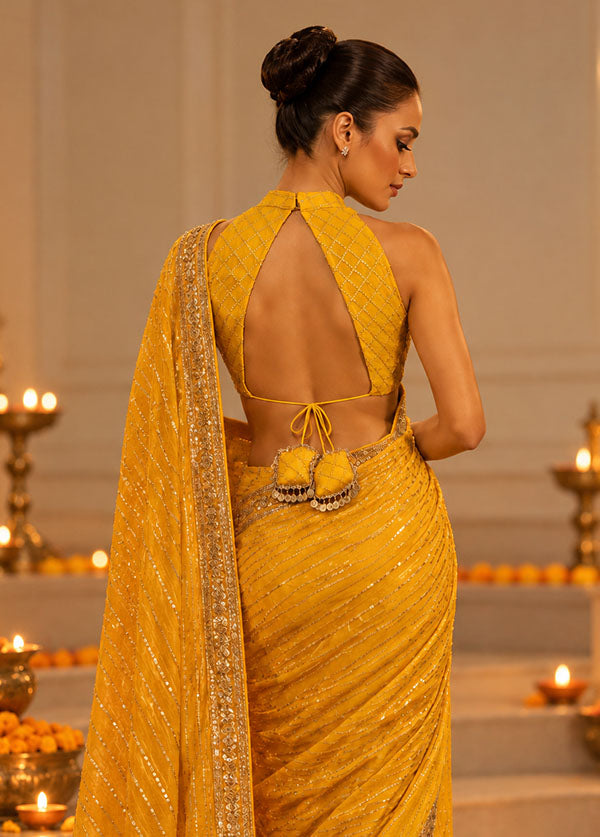 Yellow Halter Neck Designer Blouse