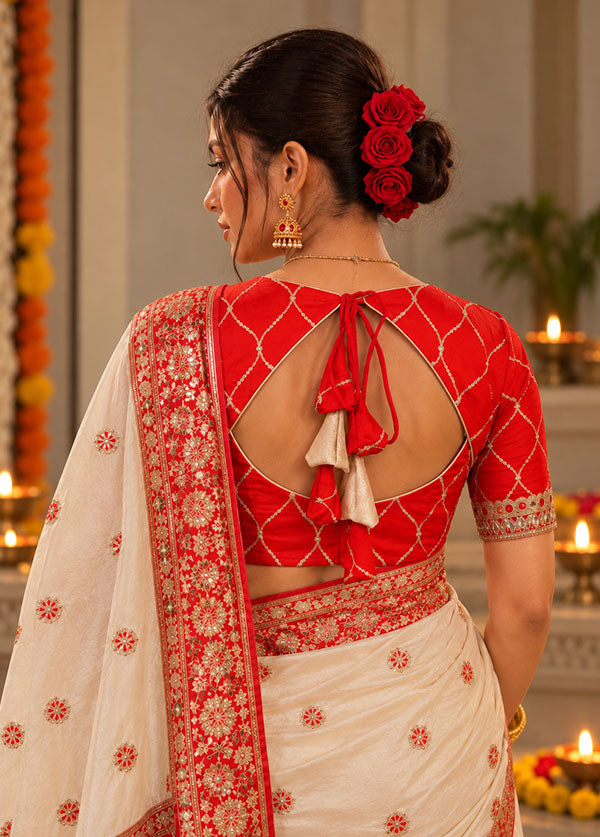 Red Pentagon Neck Designer Blouse